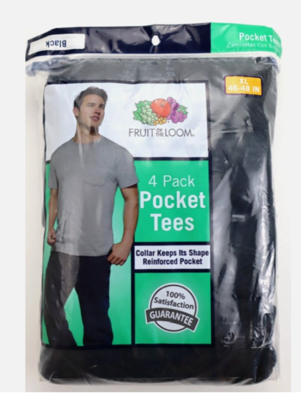 Fruit of the Loom Men's 4 Pack Pocket Tees T-Shirts 100% Cotton Size XL Black